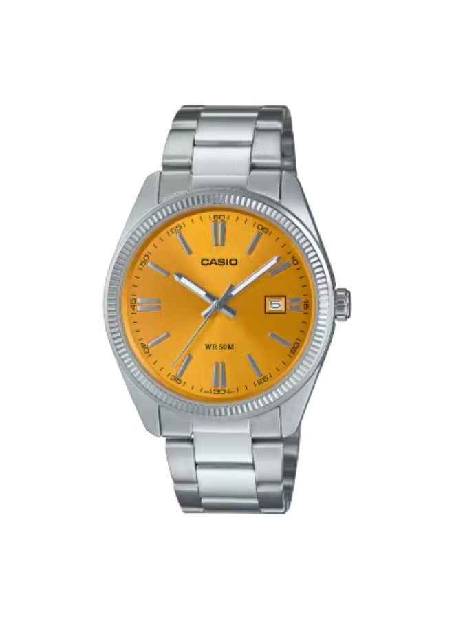 CASIO MTP-1302PD-9AVEF Men’s Analog Watch, Stainless Steel Bracelet, Gold/Champagne Sunray Dial, Date Display, 50m Water Resistance, Minimal Everyday Watch